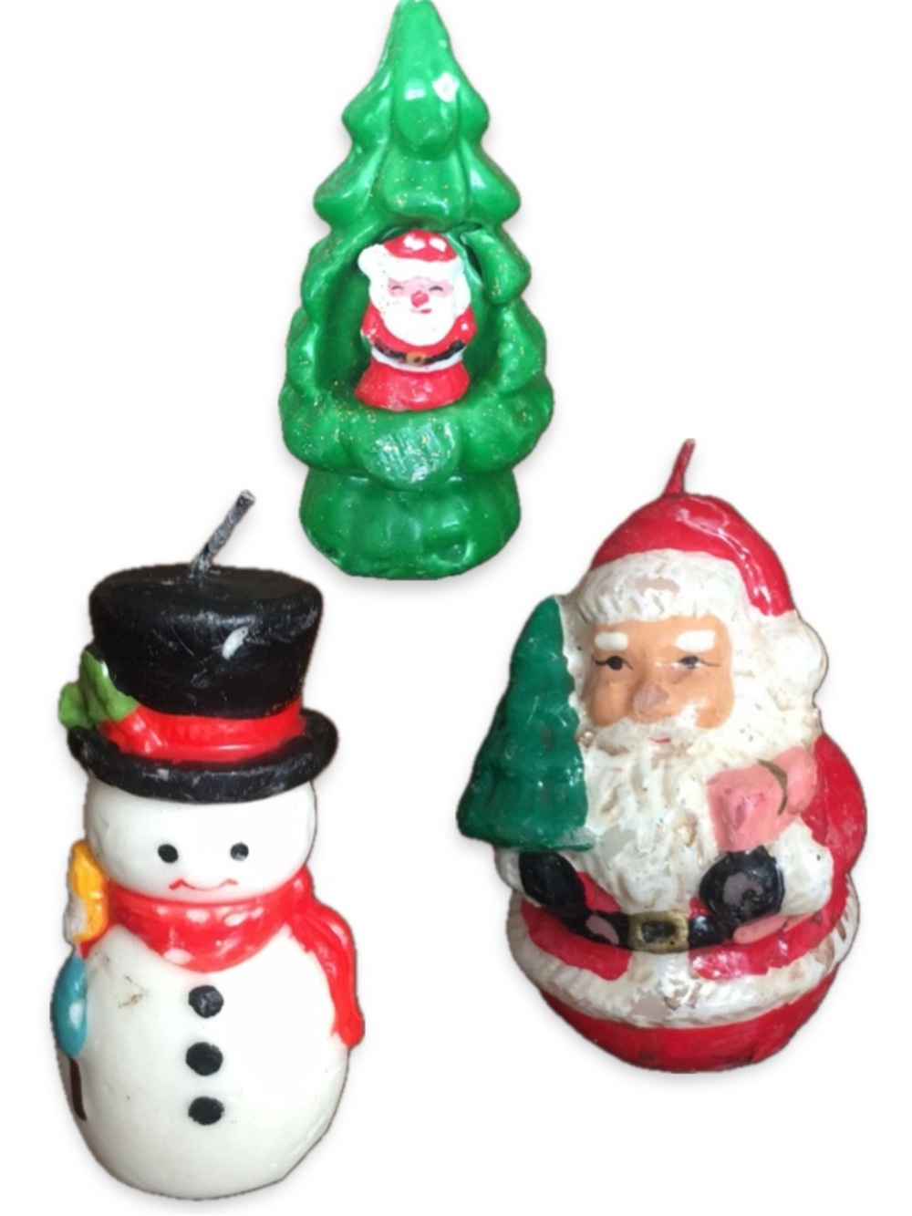 Vintage Christmas Candles Set of 3 Santa Snowman Tree Holiday Decor Retro